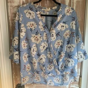 Light blue V neck floral blouse